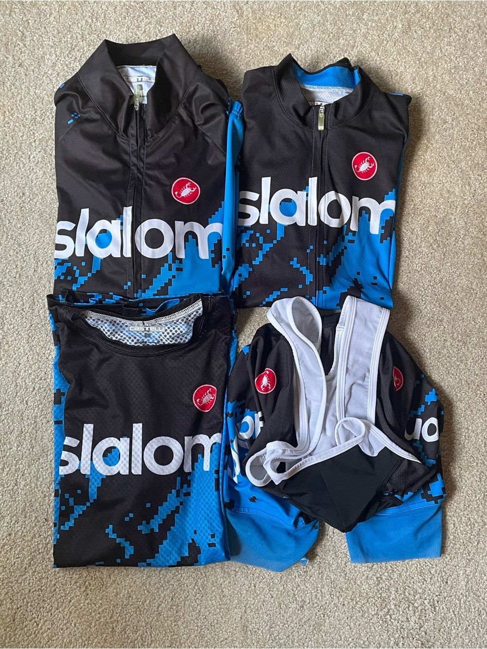 Castelli Men’s Black & Blue Slalom Cycling Jerseys, Jacket, and Bib Set, Sz L